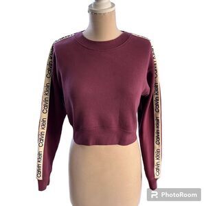Calvin Klein Performance Burgundy‎ Crop Sweatshirt with Logo Tape Sleeves S/P